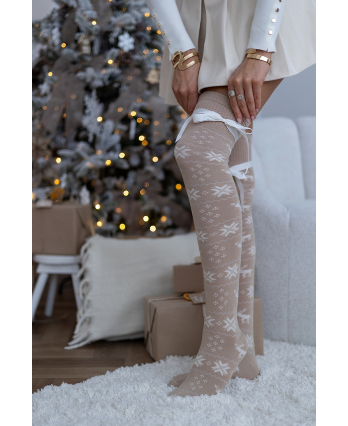 Zakolanówki Christmas Beżowe z Kokardką