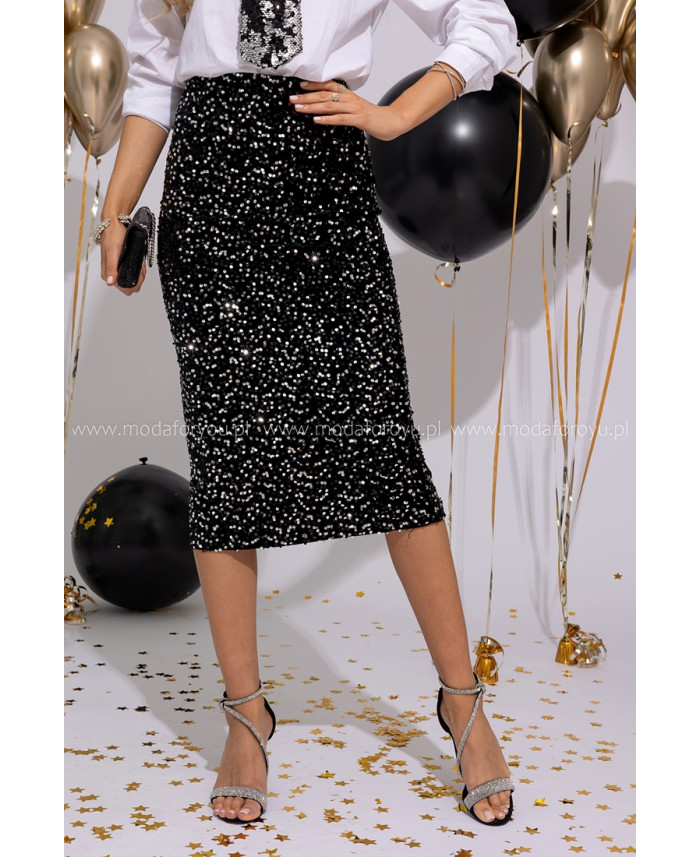 Spódnica Cekinowa Midi Czarno-Srebrna