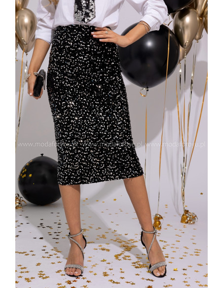 Spódnica Cekinowa Midi Czarno-Srebrna