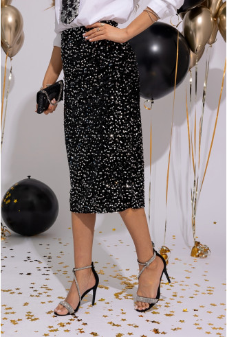 Spódnica Cekinowa Midi Czarno-Srebrna
