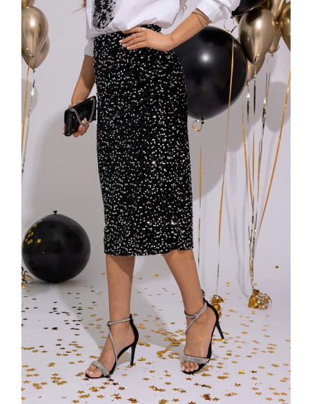 Spódnica Cekinowa Midi Czarno-Srebrna