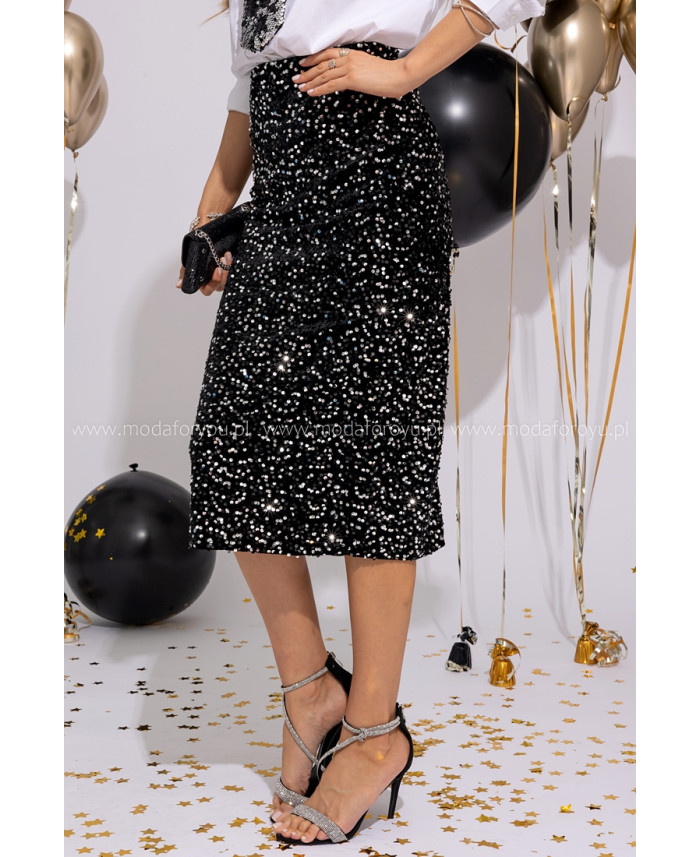 Spódnica Cekinowa Midi Czarno-Srebrna