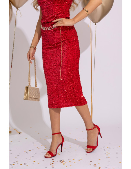 Spódnica Cekinowa Midi Czerwona