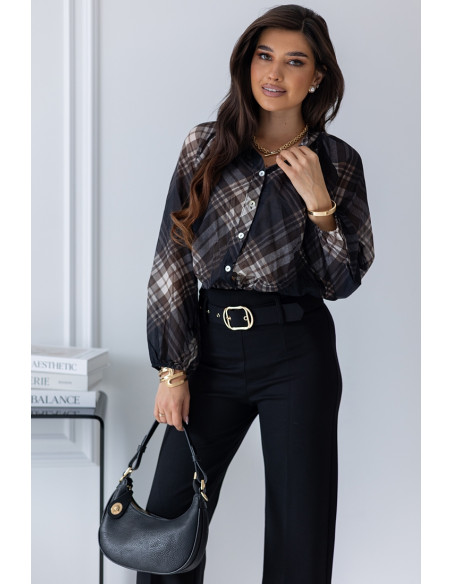 Bluzka Rome Brązowa w czarną Kratkę