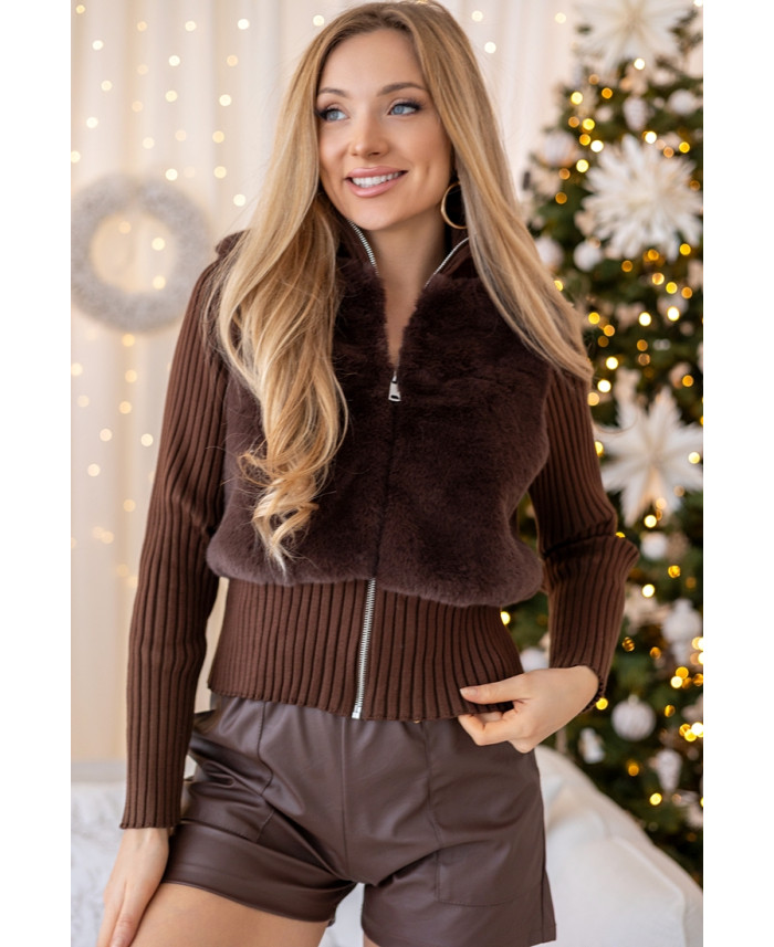 Sweter Zip z Futerkiem Brązowy