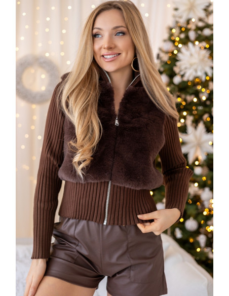 Sweter Zip z Futerkiem Brązowy