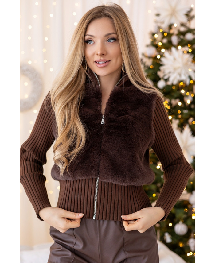 Sweter Zip z Futerkiem Brązowy