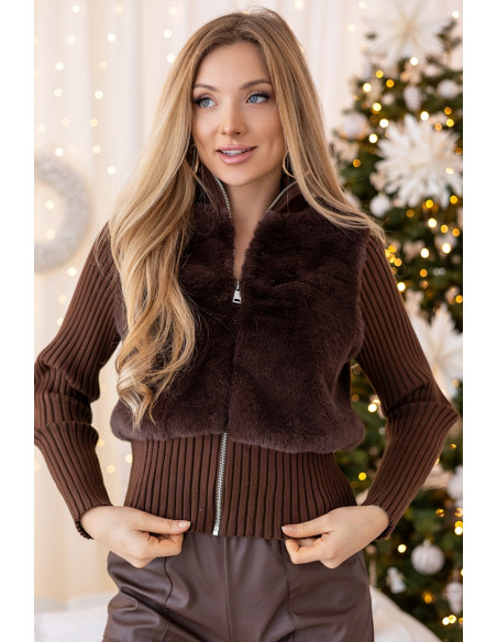 Sweter Zip z Futerkiem Brązowy