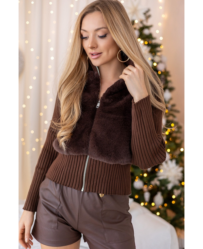 Sweter Zip z Futerkiem Brązowy