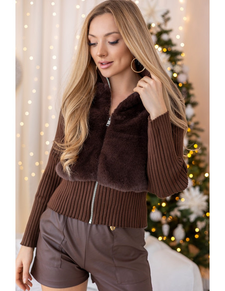 Sweter Zip z Futerkiem Brązowy