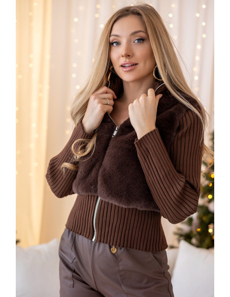 Sweter Zip z Futerkiem Brązowy