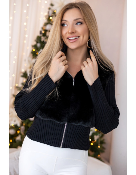 Sweter Zip z Futerkiem Czarny