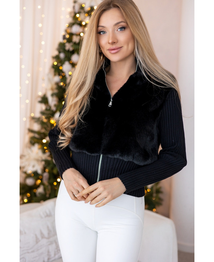 Sweter Zip z Futerkiem Czarny