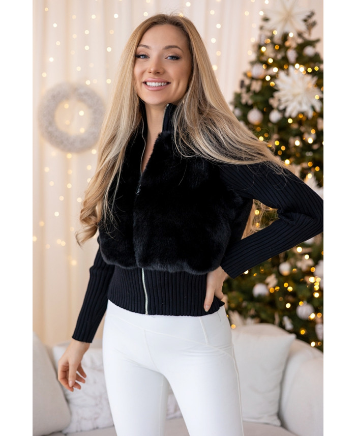 Sweter Zip z Futerkiem Czarny