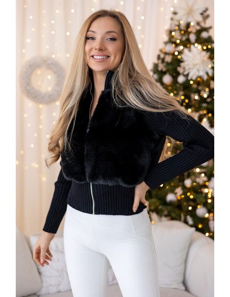 Sweter Zip z Futerkiem Czarny
