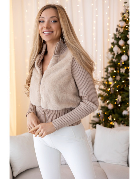 Sweter Zip z Futerkiem Beżowy