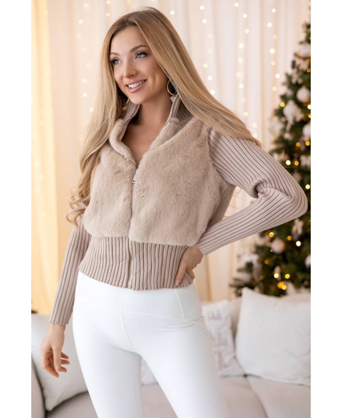 Sweter Zip z Futerkiem Beżowy
