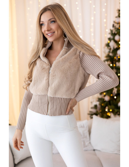 Sweter Zip z Futerkiem Beżowy