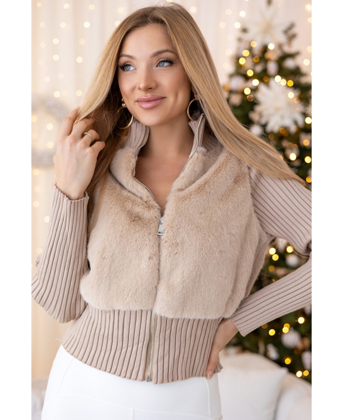 Sweter Zip z Futerkiem Beżowy