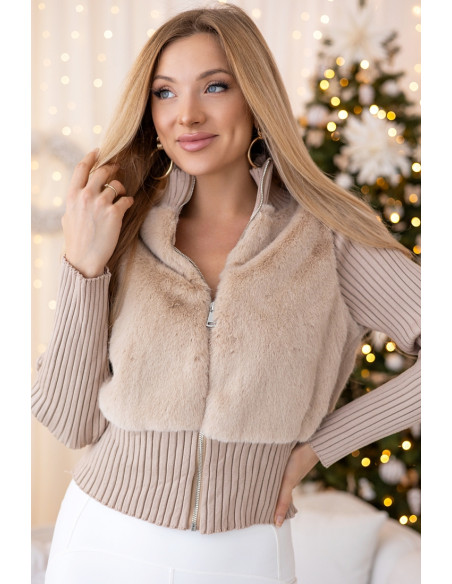 Sweter Zip z Futerkiem Beżowy
