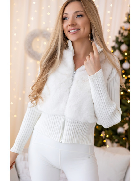 Sweter Zip z Futerkiem Ekri