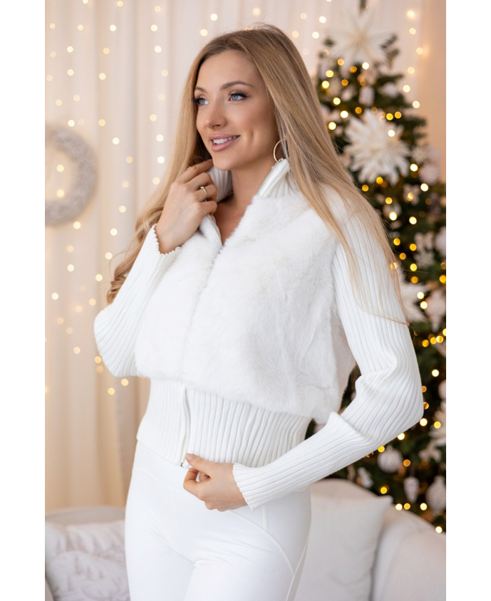 Sweter Zip z Futerkiem Ekri