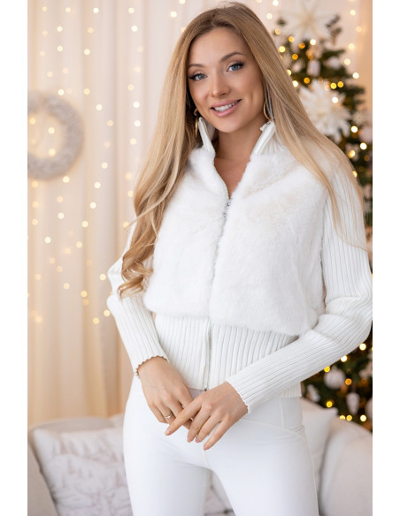 Sweter Zip z Futerkiem Ekri