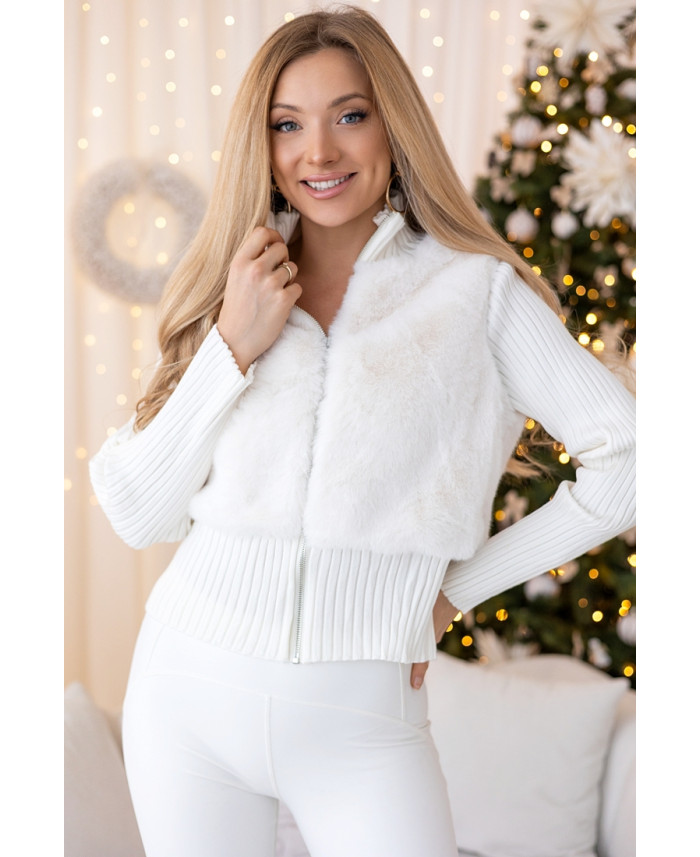 Sweter Zip z Futerkiem Ekri