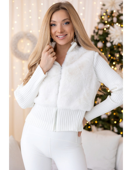 Sweter Zip z Futerkiem Ekri