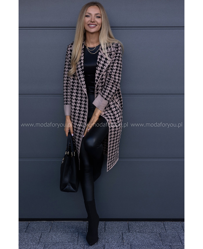 Płaszcz w Pepitko Czarno-Beżowy