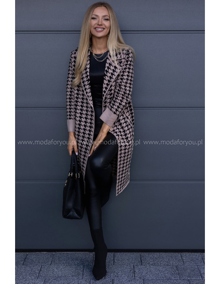 Płaszcz w Pepitko Czarno-Beżowy