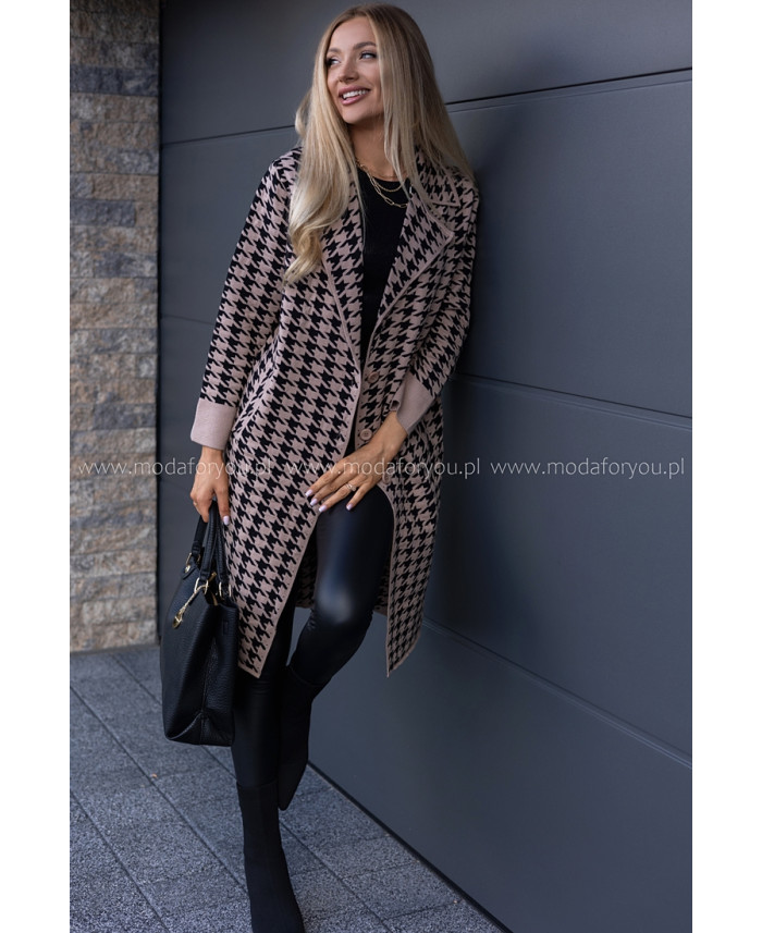 Płaszcz w Pepitko Czarno-Beżowy