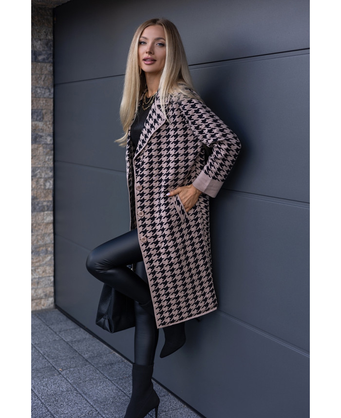 Płaszcz w Pepitko Czarno-Beżowy